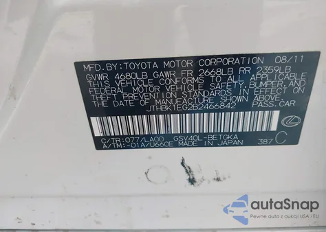 2011 Lexus Es 350 z USA, uszkodzony, nr VIN JTHBK1EG2B2466842